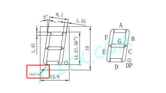 snippet of the 5161AS data sheet showing the dimensions of the segments, where pin 1 is, and how each segment is labeled
