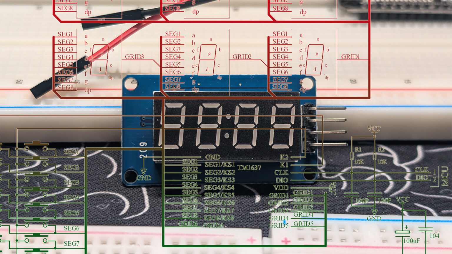 TM1637 dev board overlaid with circuit diagram of TM1637 chip